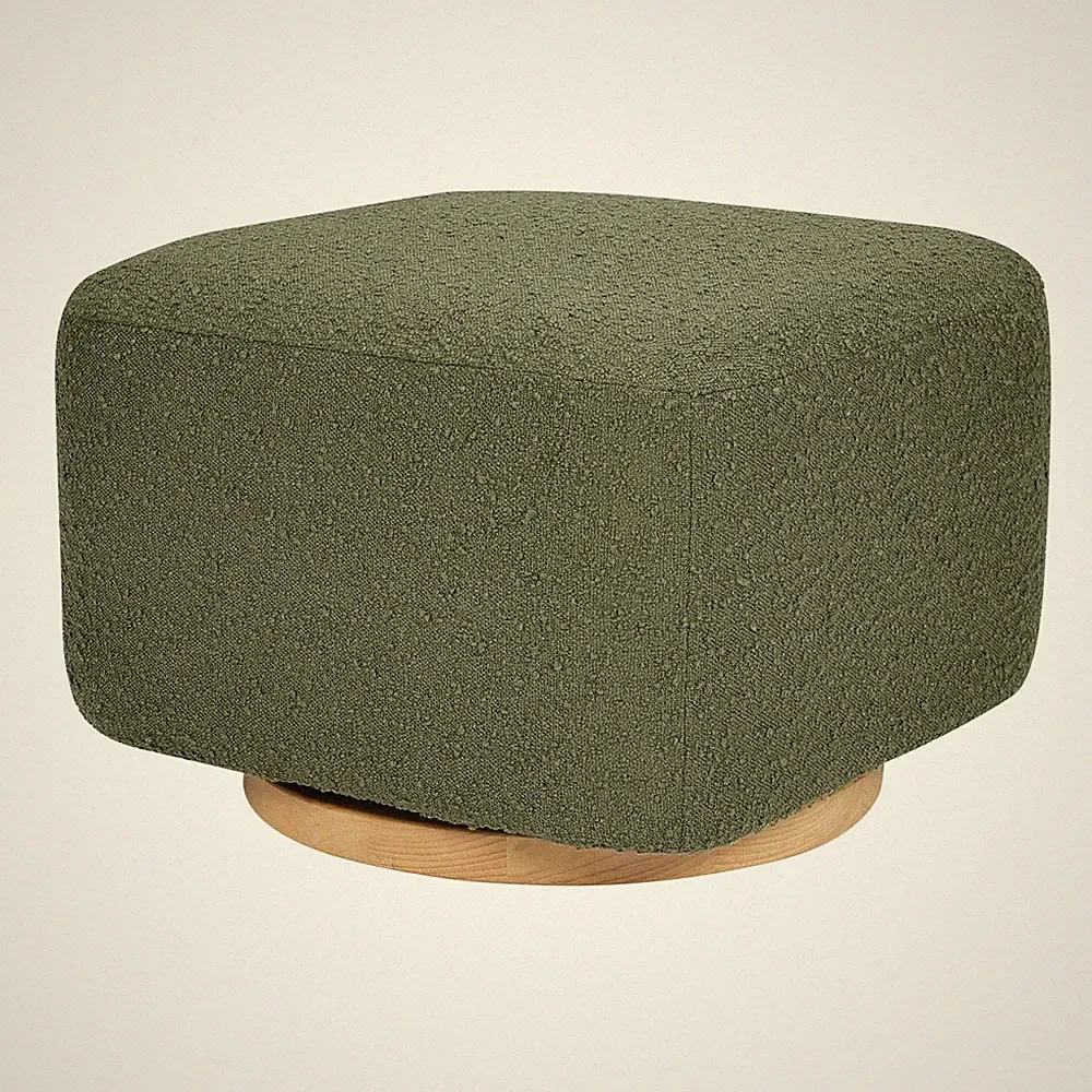 Babyletto Kiwi Gliding Ottoman in Olive Boucle with Light Wood Base, Greengua...