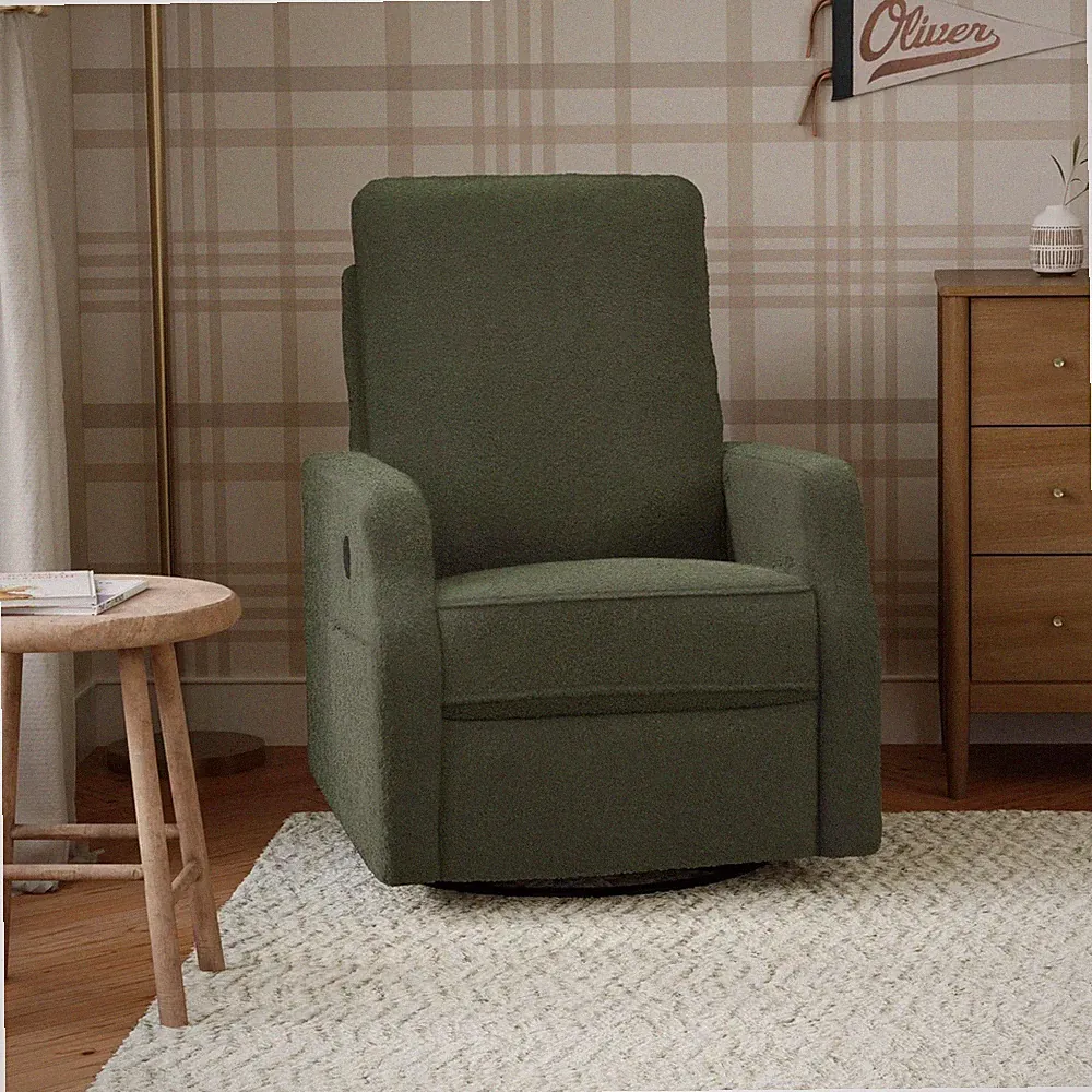 Davinci Lucas Pillowback Swivel Recliner in Cozy Olive Boucle, Greenguard Gol...