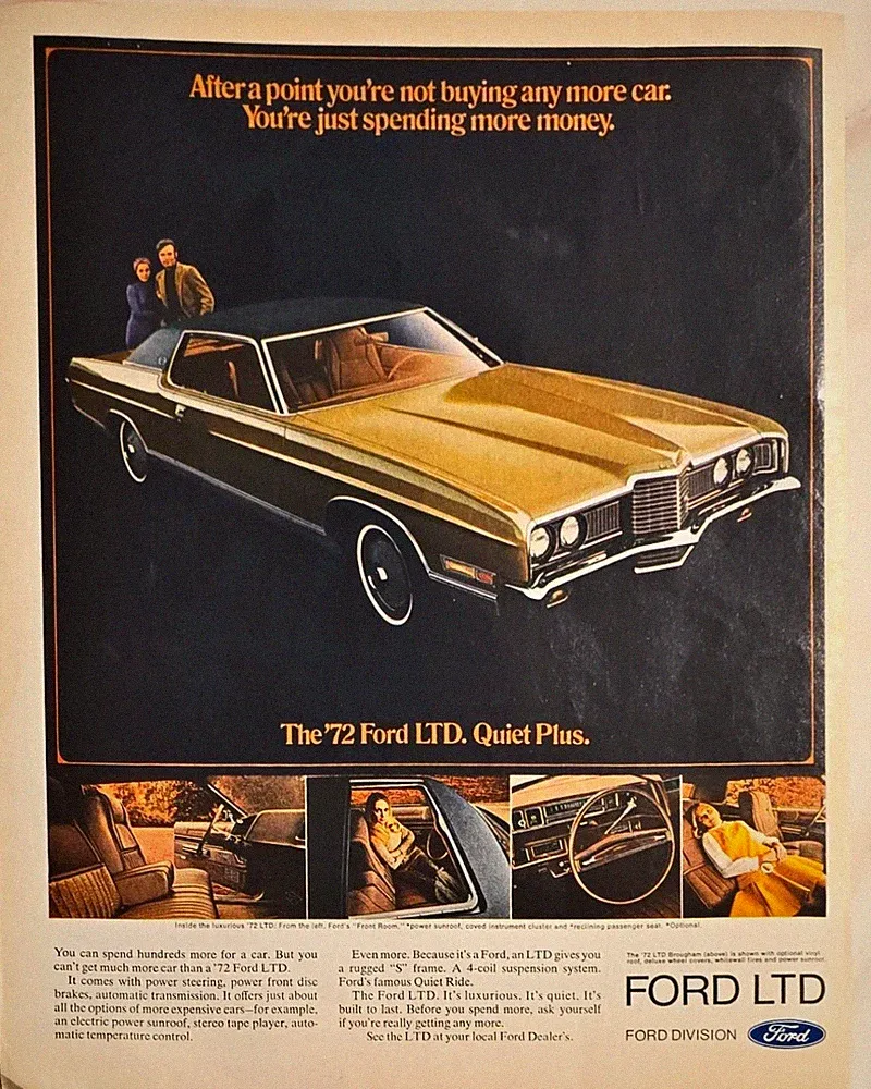 Ford LTD Quiet Plus Power Sunroof Reclining chairs 1972 Vintage Print Ad