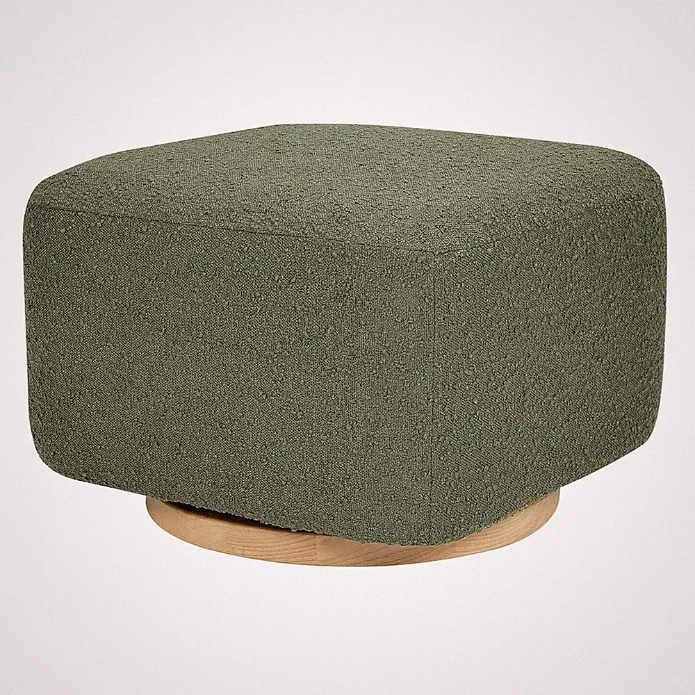 Olive Boucle Kiwi Ottoman with Light Wood Base - Safe & Stylish Comfort